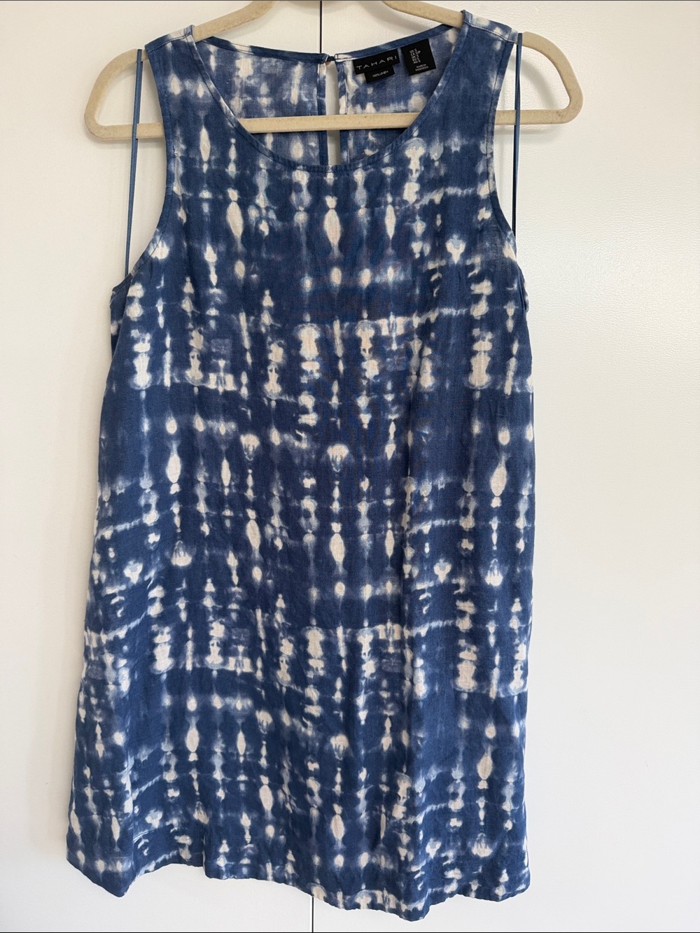 Tahari Linen Navy & White Tie-Dye Sleeveless Shift Dress